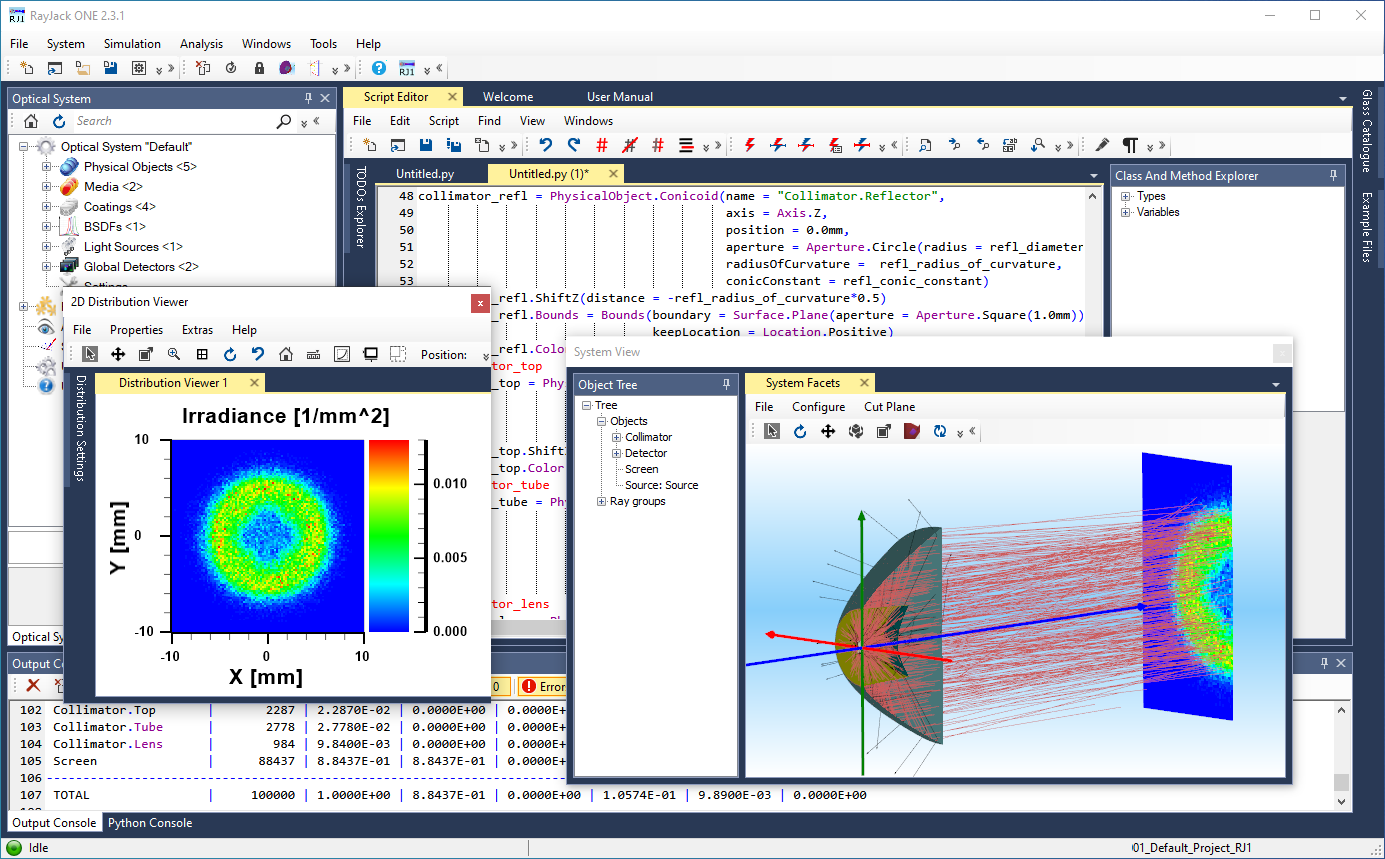 Script, distribuzione di irradianza e vista 3D del sistema in un unico ambiente